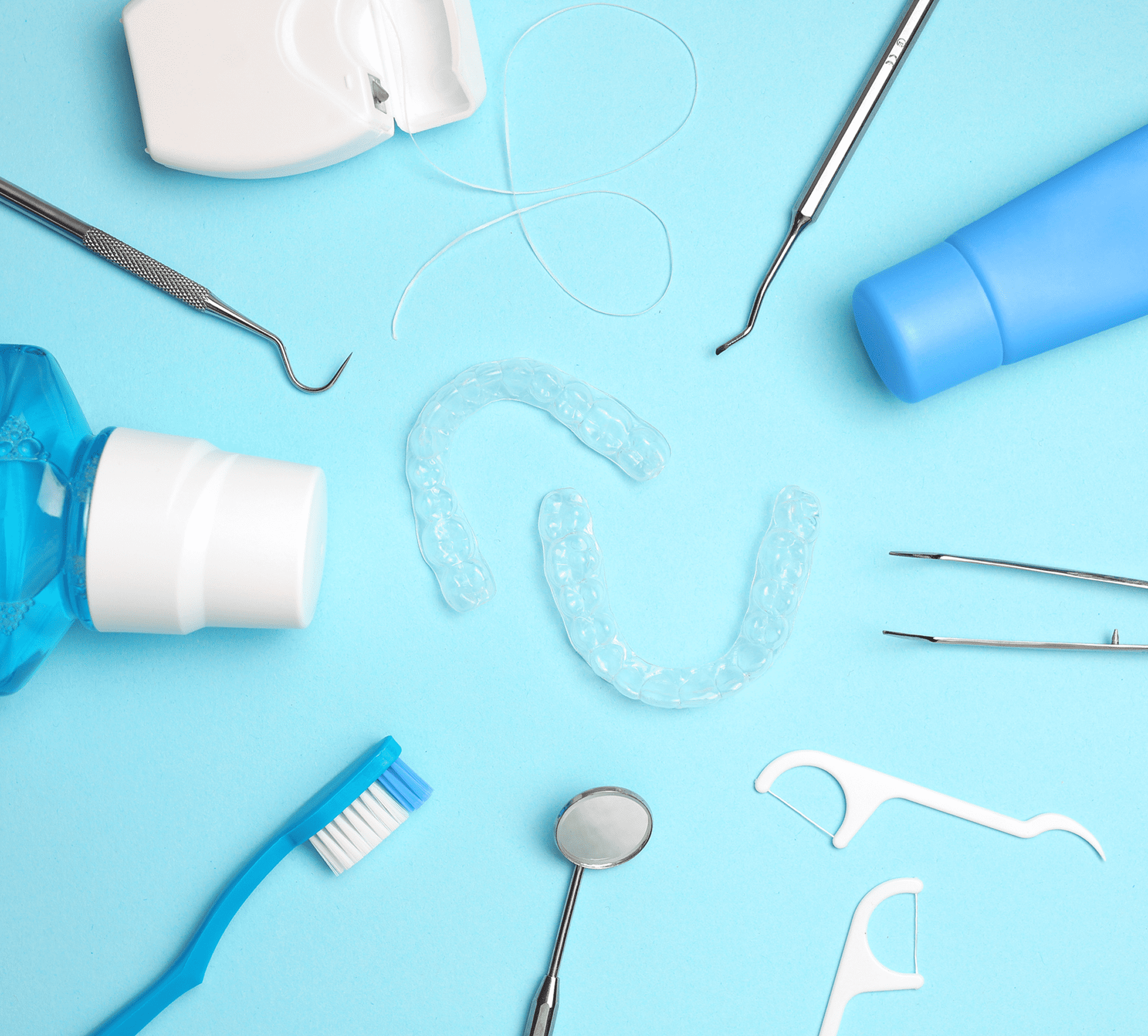 Oral hygiene items arranged neatly